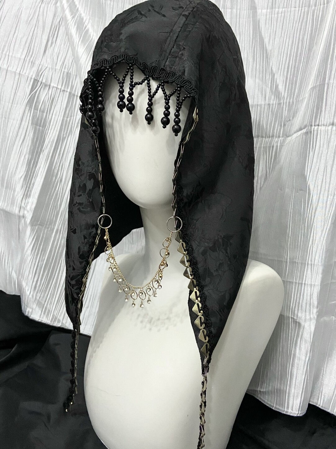 Dark Satin Jacquard Beaded Tassel Gothic Hood