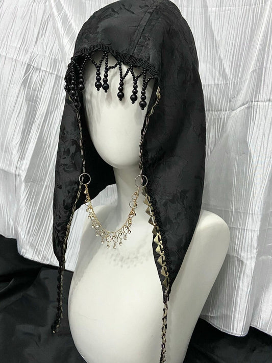Dark Satin Jacquard Beaded Tassel Gothic Hood