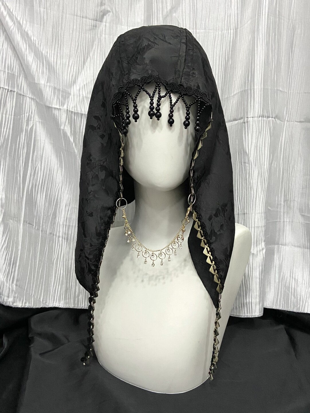 Dark Satin Jacquard Beaded Tassel Gothic Hood