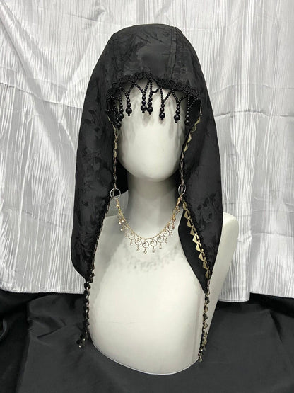 Dark Satin Jacquard Beaded Tassel Gothic Hood