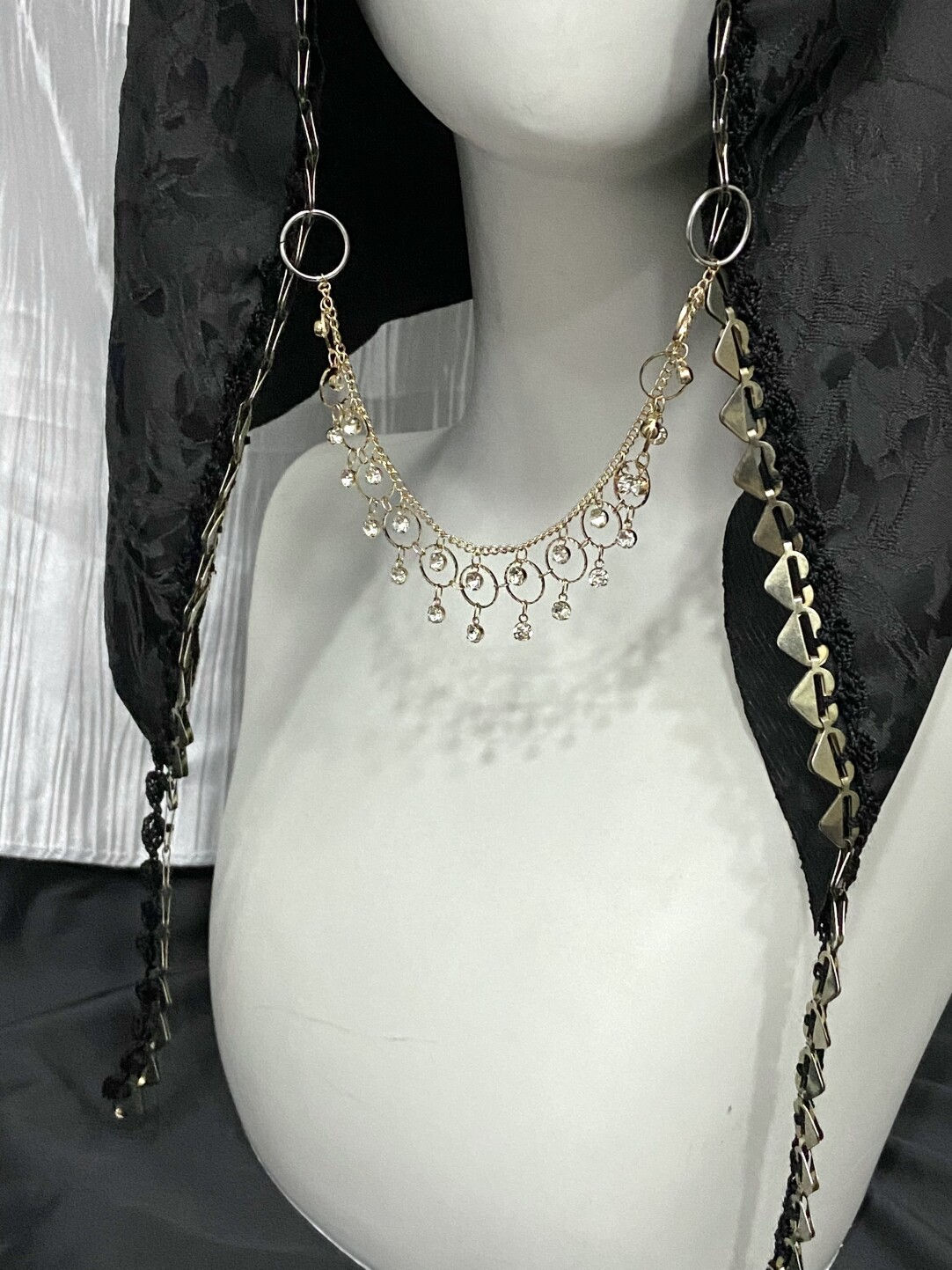 Dark Satin Jacquard Beaded Tassel Gothic Hood