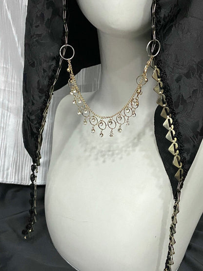 Dark Satin Jacquard Beaded Tassel Gothic Hood