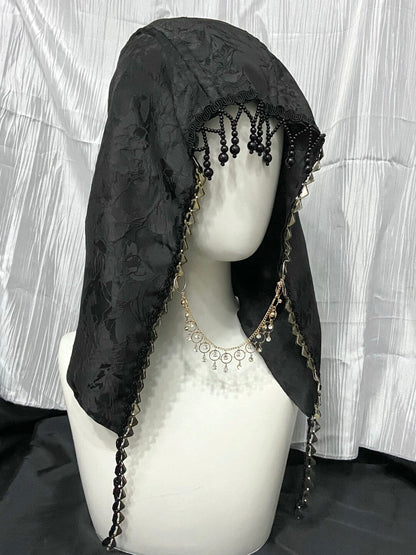 Dark Satin Jacquard Beaded Tassel Gothic Hood