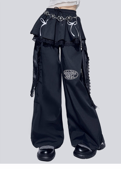 Design-Detail Lace Ruffle Skirt Wide-Leg Pants