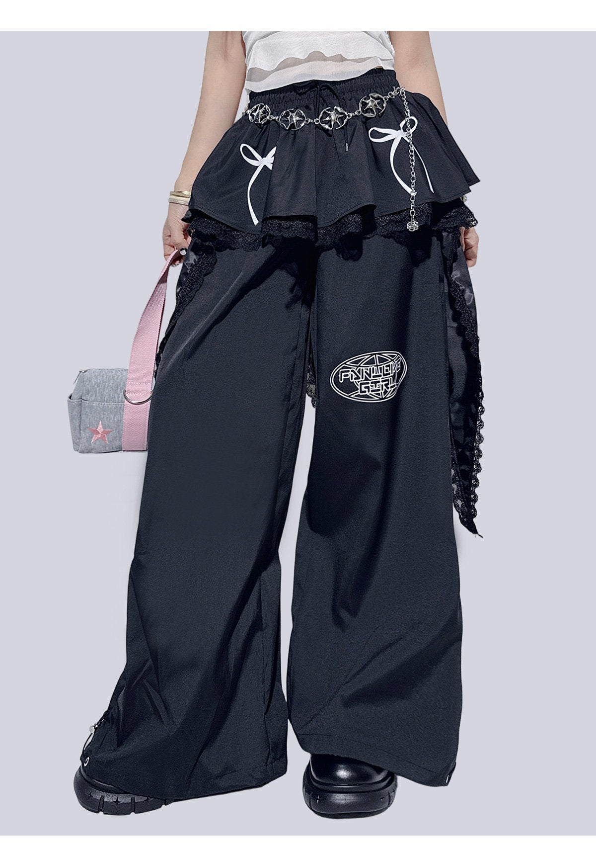 Design-Detail Lace Ruffle Skirt Wide-Leg Pants