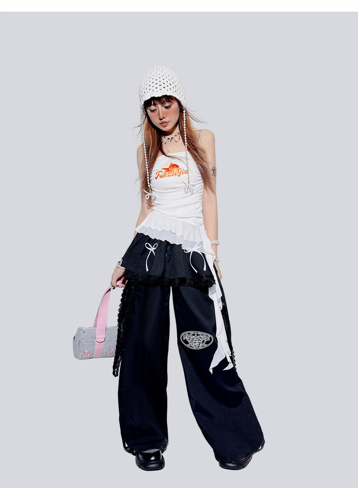 Design-Detail Lace Ruffle Skirt Wide-Leg Pants