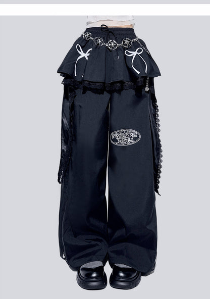 Design-Detail Lace Ruffle Skirt Wide-Leg Pants