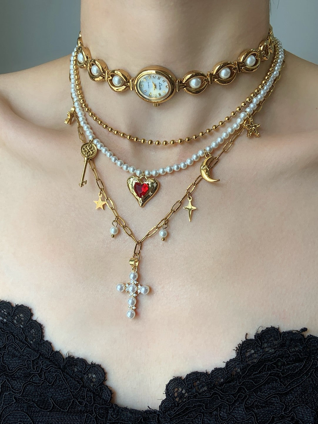 Diana Original Multi-Layer Cross Pearl Necklace