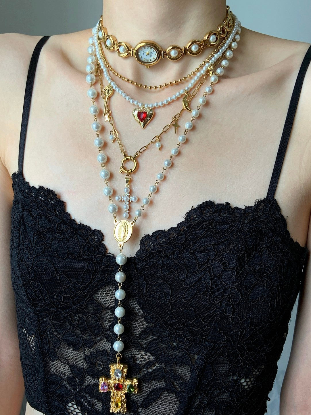 Diana Original Multi-Layer Cross Pearl Necklace
