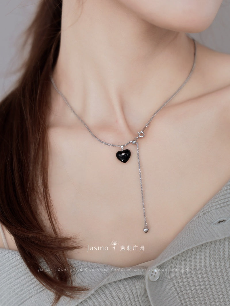 Double Strand Black Onyx Heart Pendant Necklace