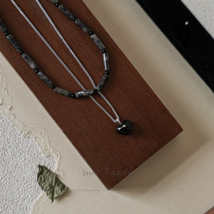 Double Strand Black Onyx Heart Pendant Necklace