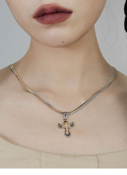 Double Strand Cross Wing Metal Necklace