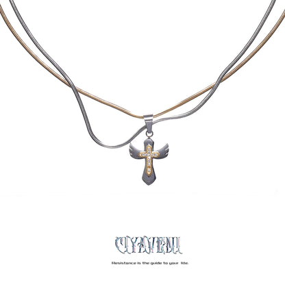 Double Strand Cross Wing Metal Necklace