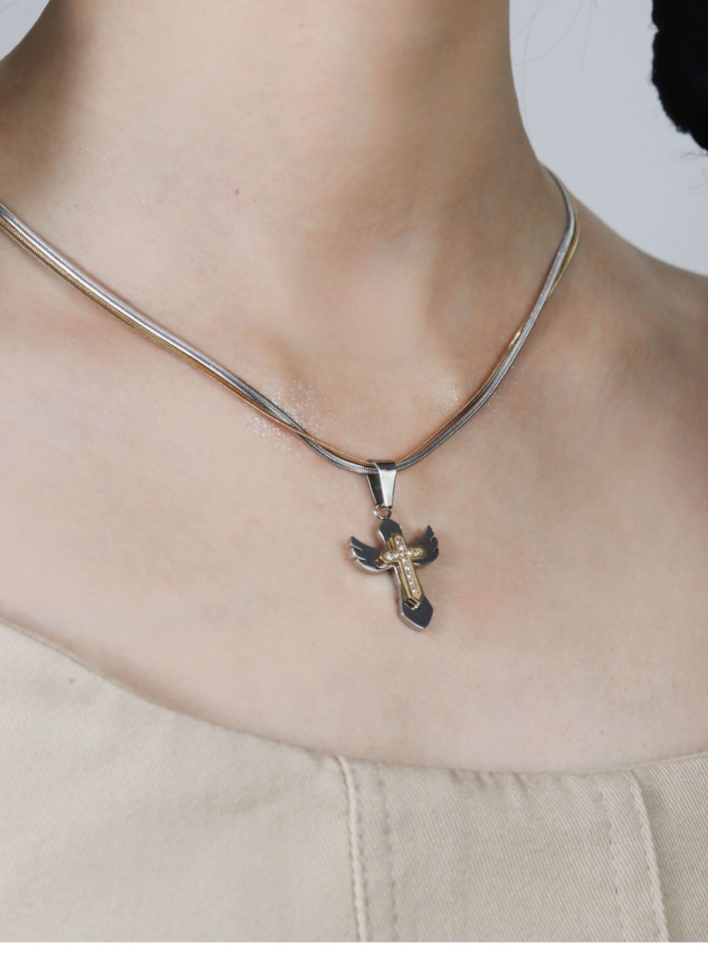 Double Strand Cross Wing Metal Necklace