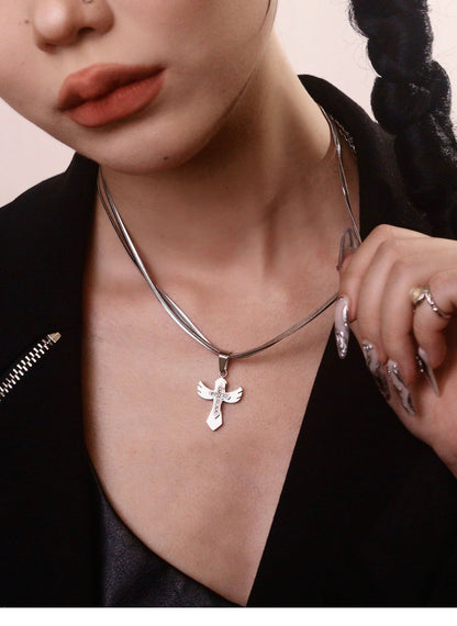 Double Strand Cross Wing Metal Necklace