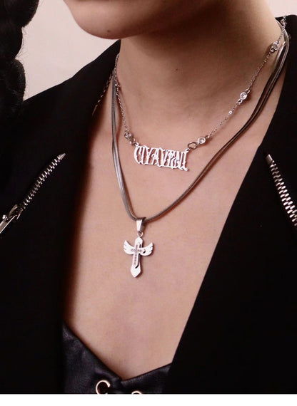 Double Strand Cross Wing Metal Necklace