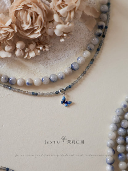 Double Strand Dumortierite Butterfly Pendant Necklace