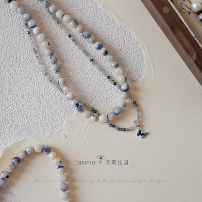Double Strand Dumortierite Butterfly Pendant Necklace