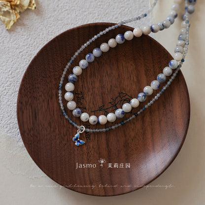 Double Strand Dumortierite Butterfly Pendant Necklace