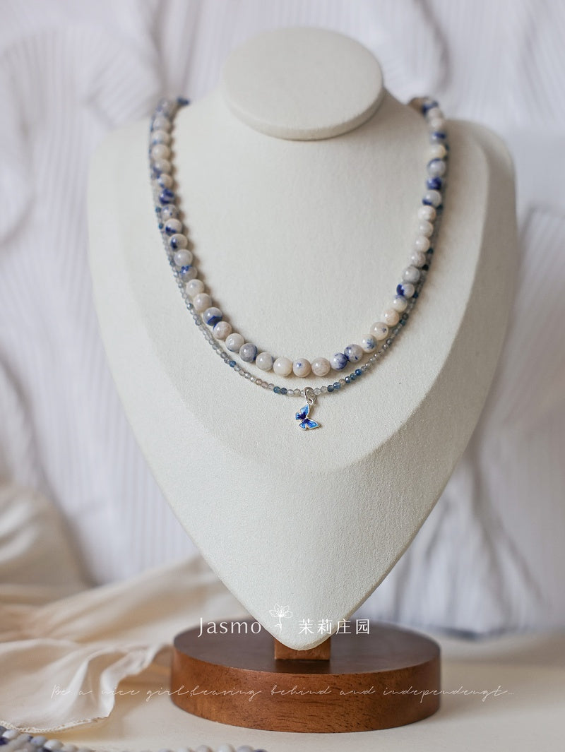 Double Strand Dumortierite Butterfly Pendant Necklace
