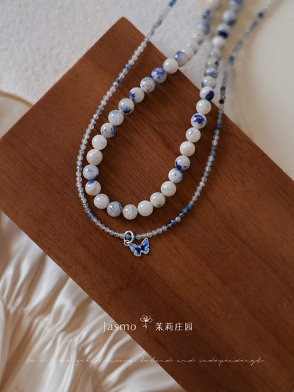 Double Strand Dumortierite Butterfly Pendant Necklace