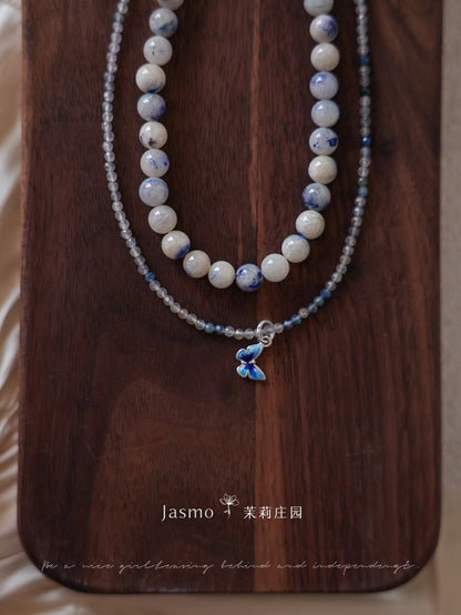 Double Strand Dumortierite Butterfly Pendant Necklace