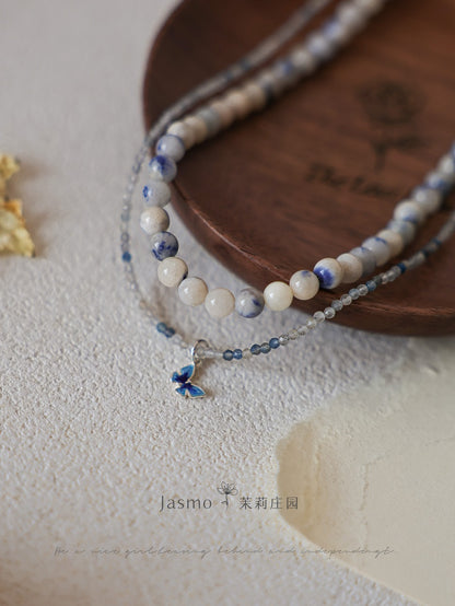 Double Strand Dumortierite Butterfly Pendant Necklace