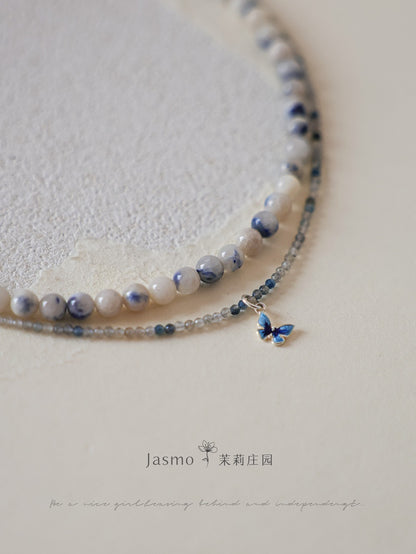 Double Strand Dumortierite Butterfly Pendant Necklace