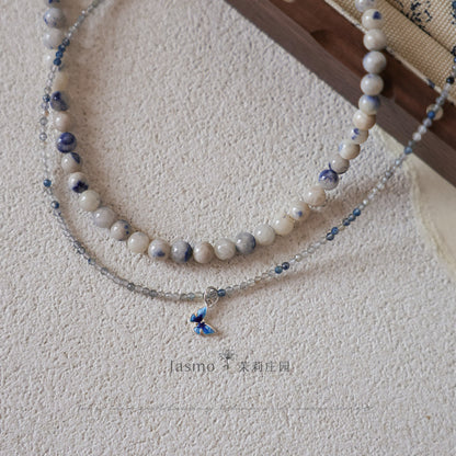 Double Strand Dumortierite Butterfly Pendant Necklace