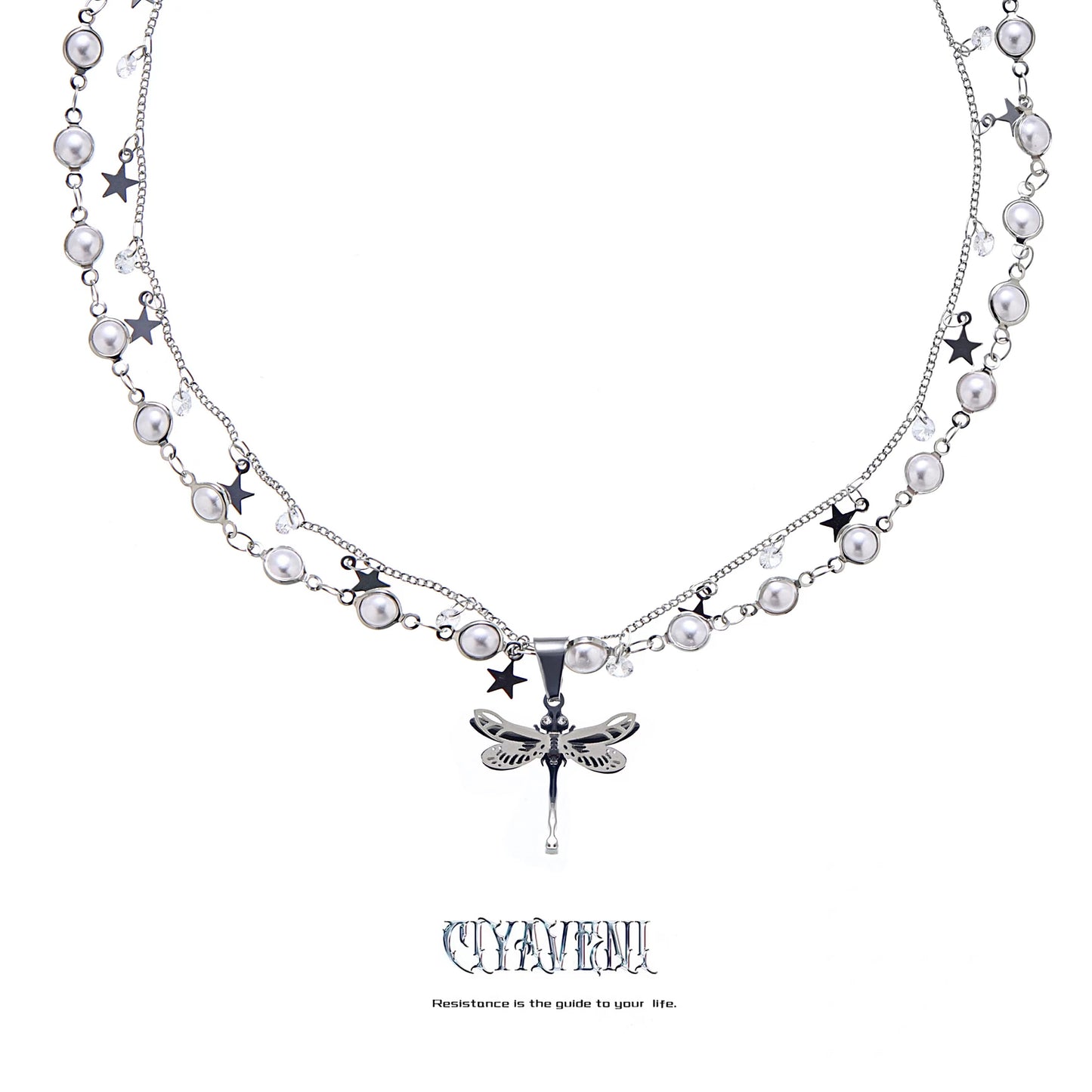 Dragonfly Pendant Stars Pearl Necklace