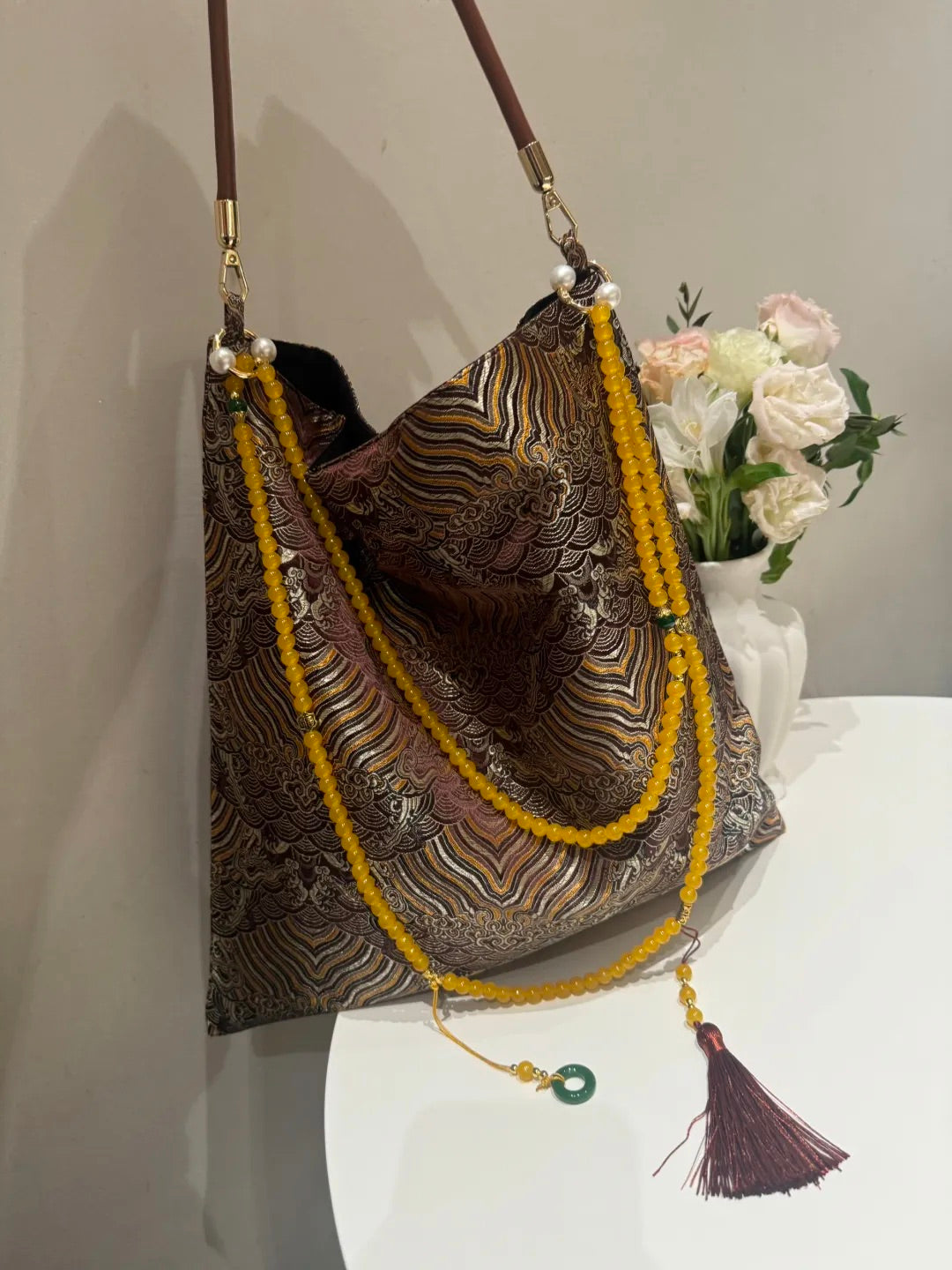 [Chinoiserie] Tree Rings Beaded Tassel Silk Bag