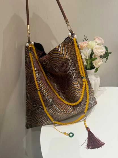 [Chinoiserie] Tree Rings Beaded Tassel Silk Bag