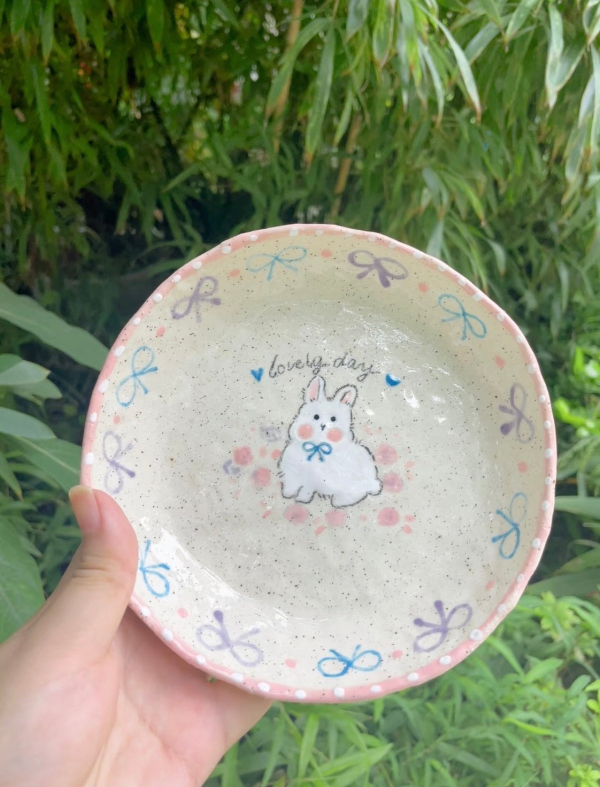 Strawberry Bunny Hand-Painted Ceramic Plate | Mug/Cup | Three Fleas