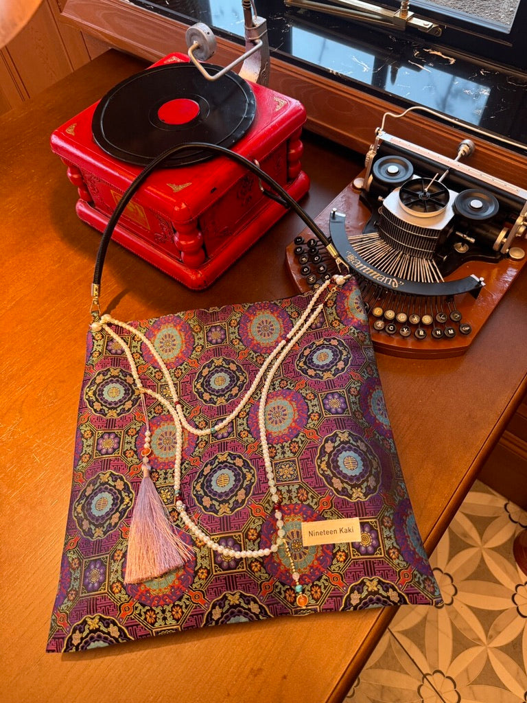 [Chinoiserie]Good Fortune Purple Beaded Tassel Silk Bag