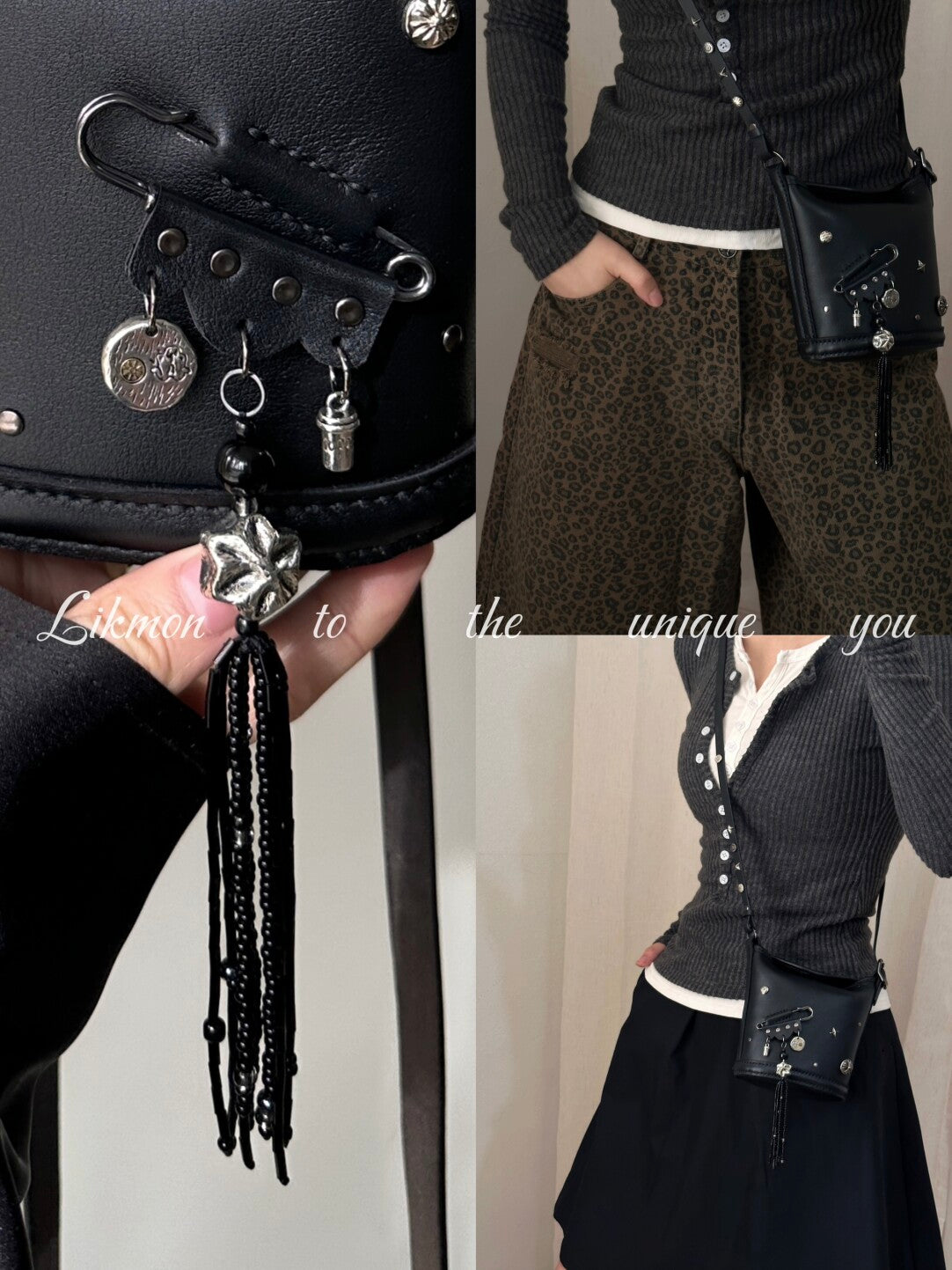 Edgy Metal Safety Pin Black Leather Bag | Bag | Three Fleas