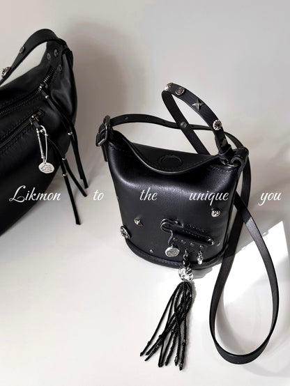 Edgy Metal Safety Pin Black Leather Bag | Bag | Three Fleas