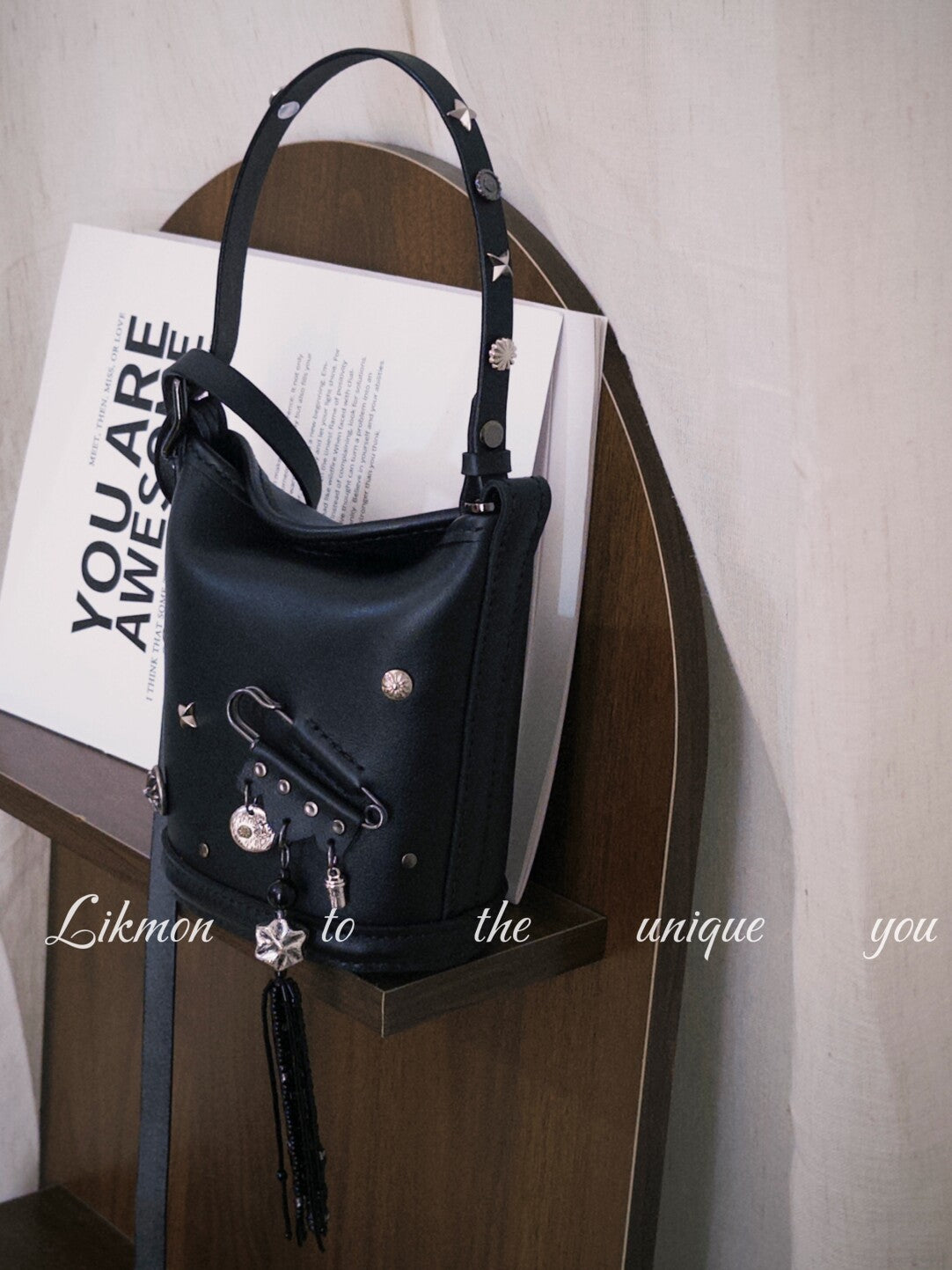 Edgy Metal Safety Pin Black Leather Bag | Bag | Three Fleas