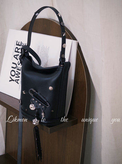 Edgy Metal Safety Pin Black Leather Bag | Bag | Three Fleas
