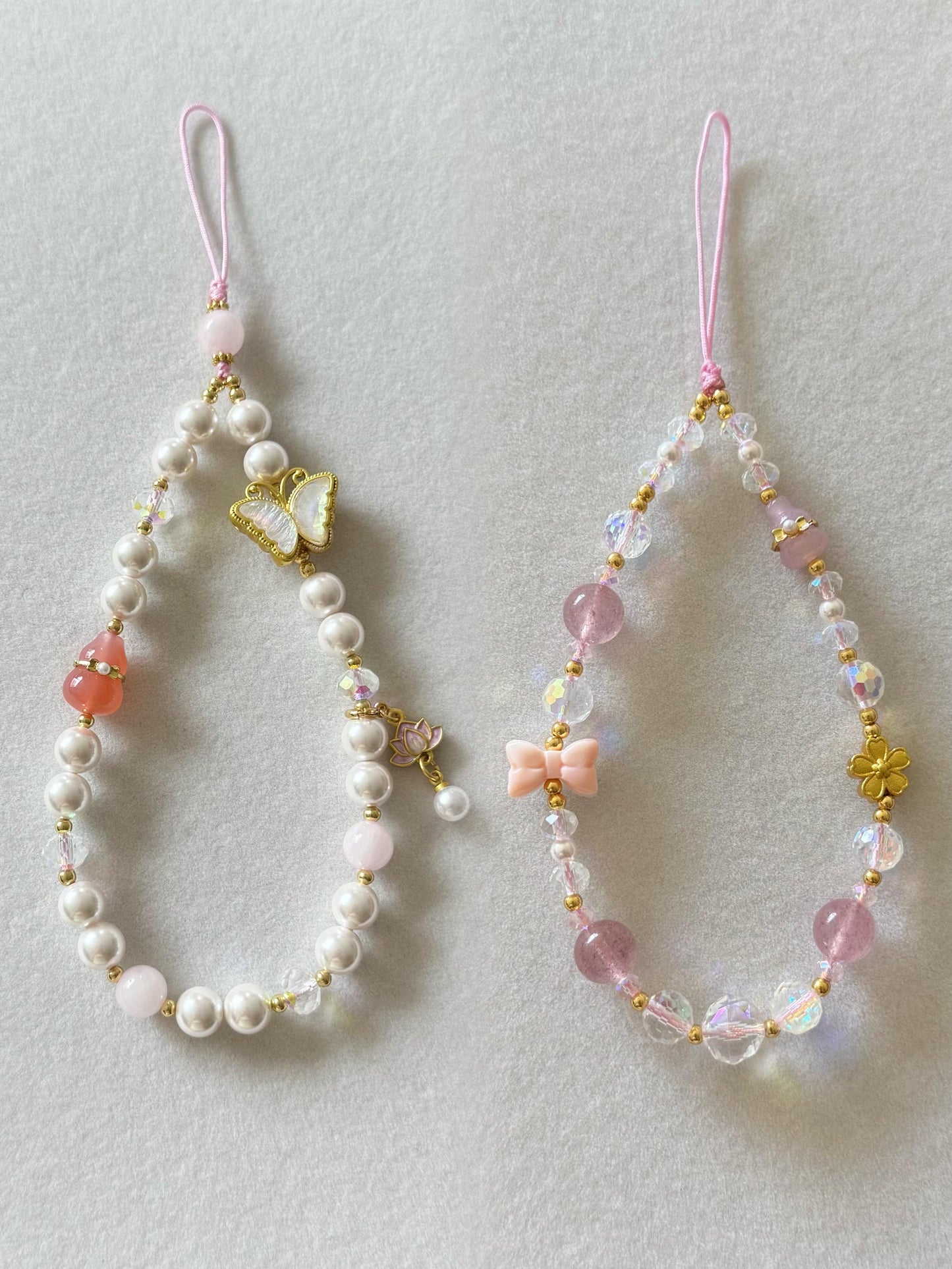 Elegant Pink Butterfly Pearl Beaded Phone Charm