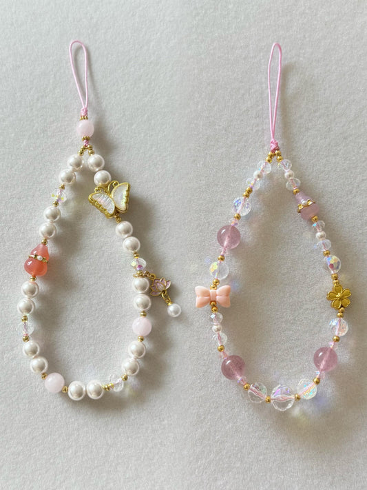 Elegant Pink Butterfly Pearl Beaded Phone Charm