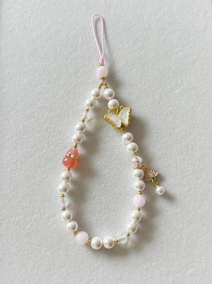 Elegant Pink Butterfly Pearl Beaded Phone Charm