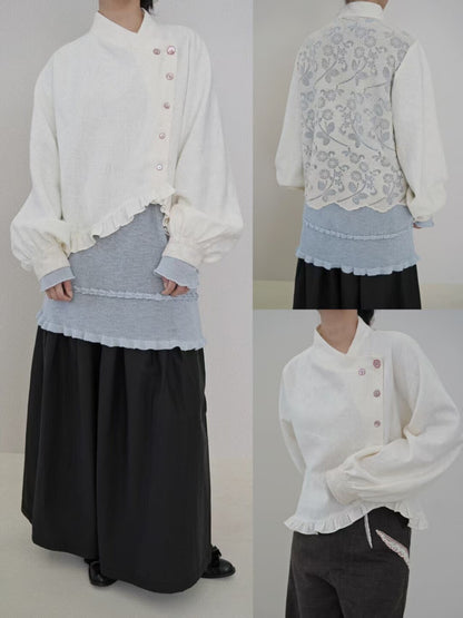 Elegant White Lace Panel Asymmetrical Shirt Coat