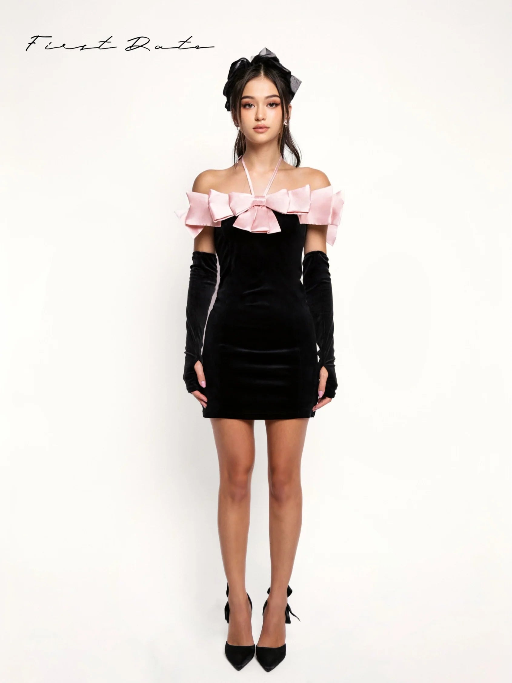 black dress pink sleeves Black/pink velvet long prom dress, black long formal dress