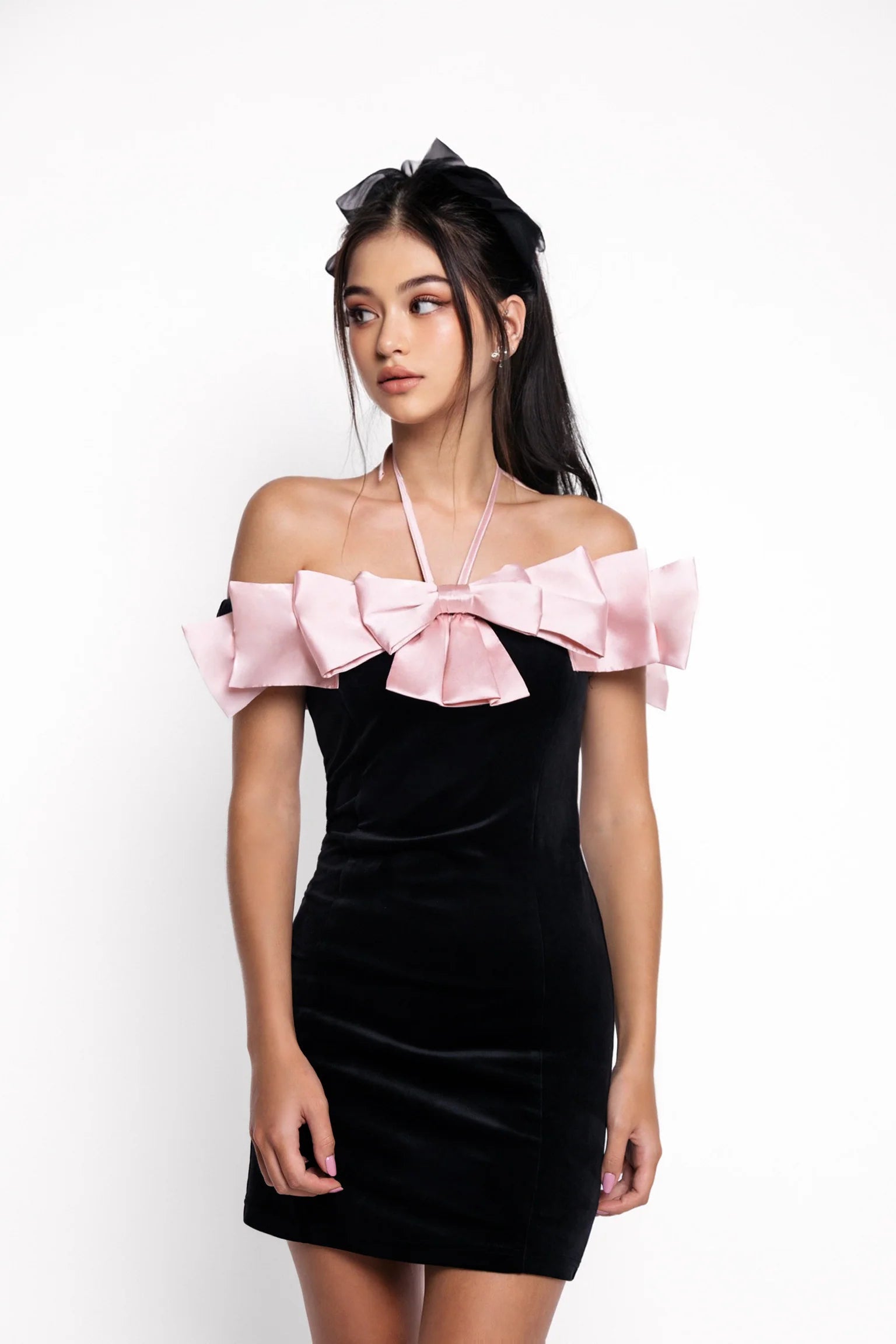 Evelyn Black-Pink Bow Bodycon Mini Dress | Dress