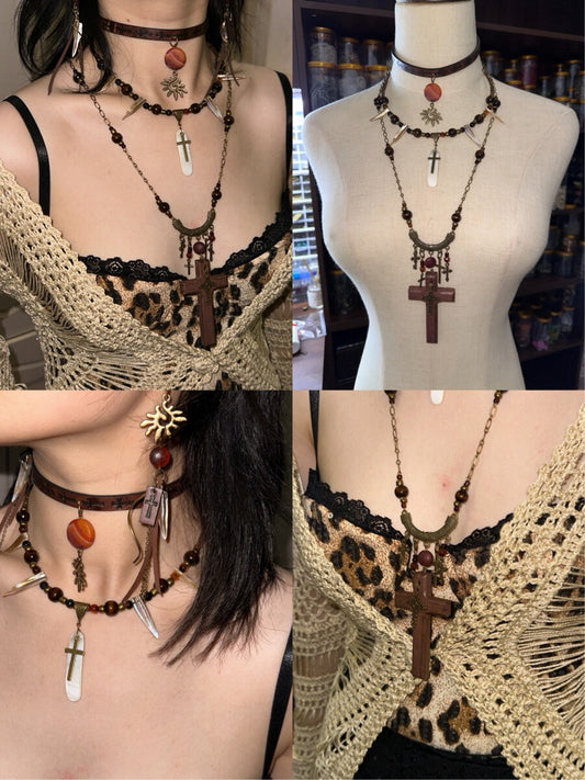 Exotic Statement Cross Layered Necklace