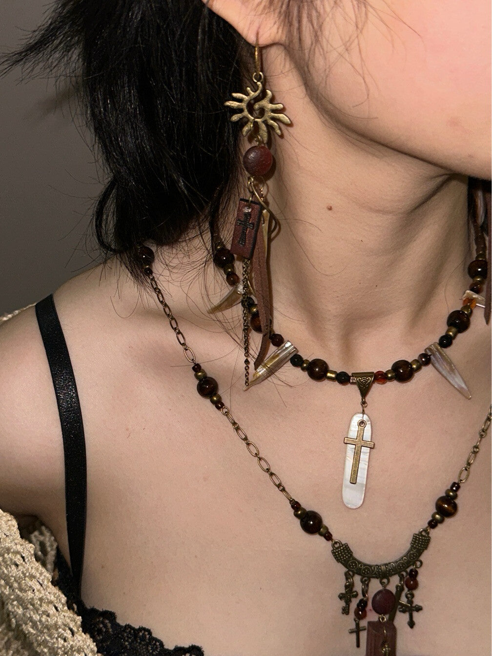 Exotic Statement Cross Layered Necklace