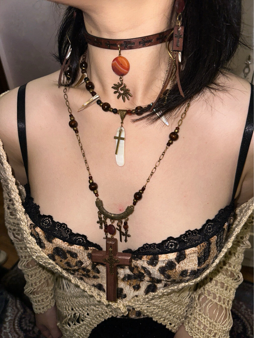 Exotic Statement Cross Layered Necklace