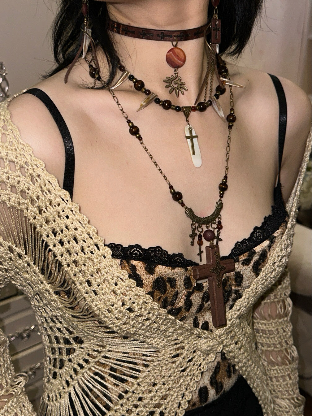 Exotic Statement Cross Layered Necklace