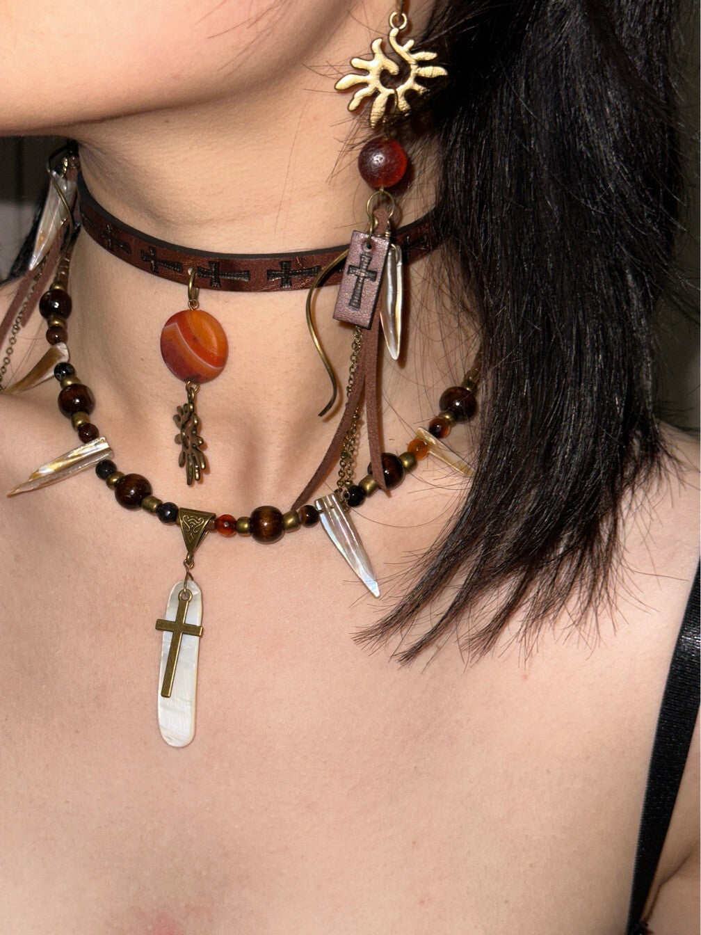 Exotic Statement Cross Layered Necklace