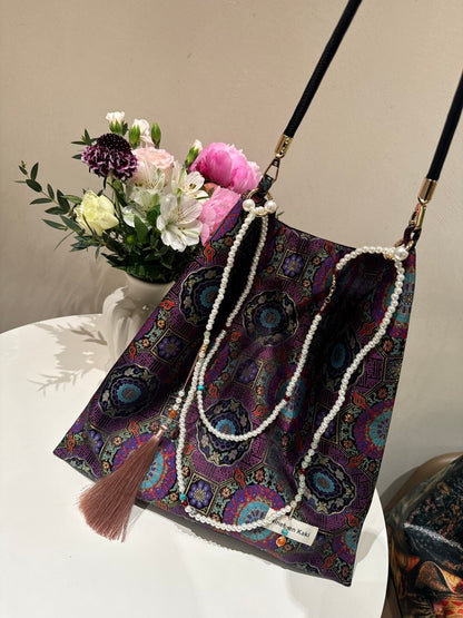 [Chinoiserie]Good Fortune Purple Beaded Tassel Silk Bag
